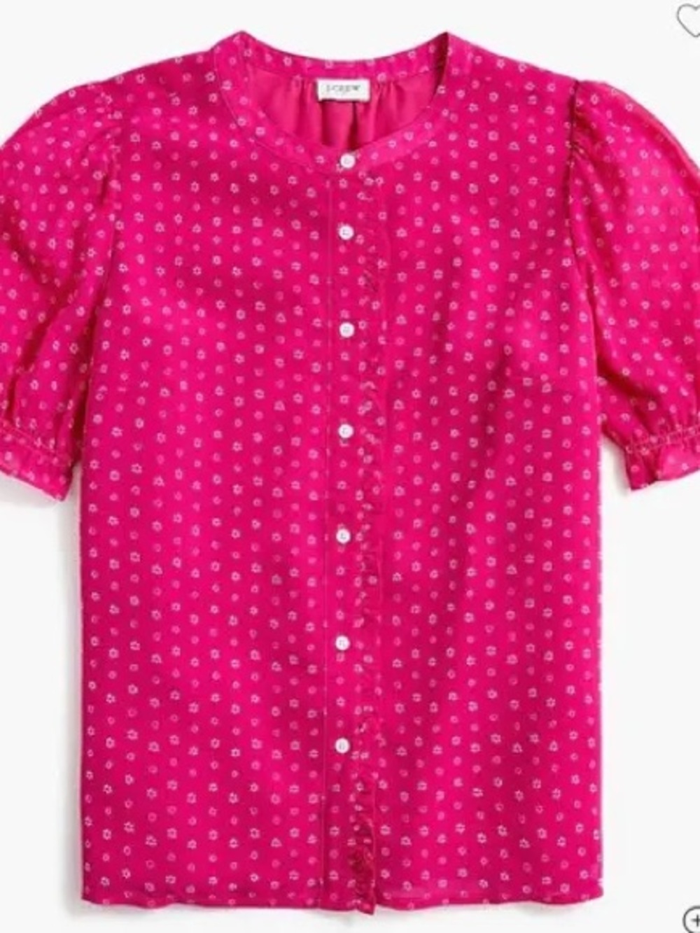 J. Crew Bright Pink Dot-Print Button Front Blouse